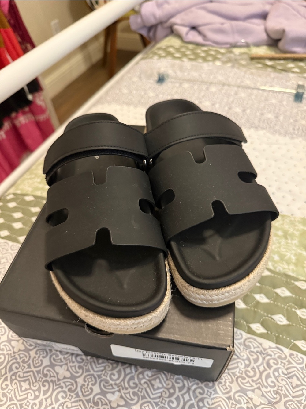 ShuShop Black Women’s Slide Sandals with Espadrille Rope Trim